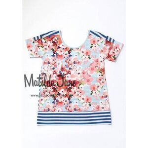 Matilda Jane Bewitching Tidbit Top Size Medium Blue White Stripe Floral Happy &